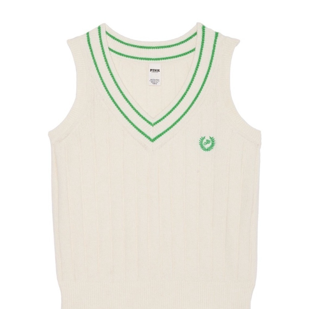 PINK Victoria's Secret collegiate knit sweater Vest S Cream and Green - Picture 2 of 6